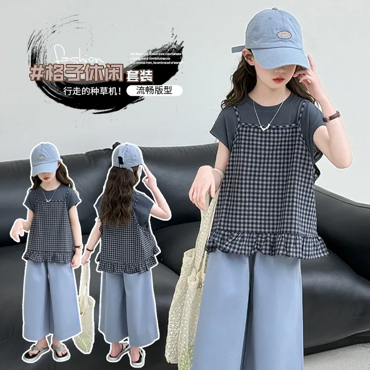 儿童短袖套装夏季2025新款韩版格子吊带上衣女童大童阔腿裤三件套