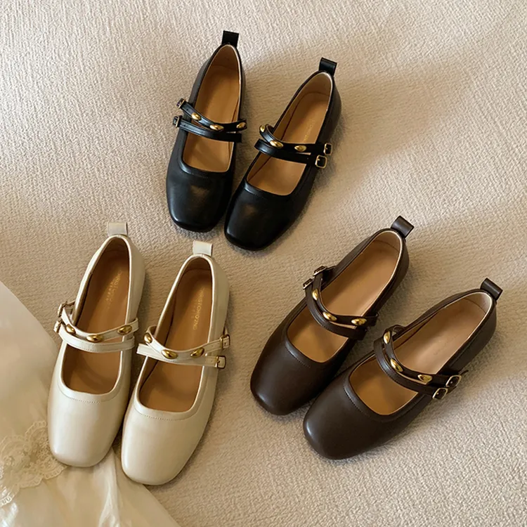 羊皮版~双金扣玛丽珍女鞋百搭单鞋平底鞋子女夏配裙子小皮鞋温柔