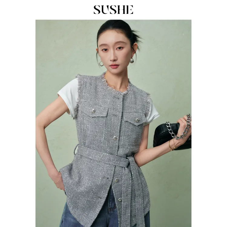 束皙SUSHE 翎游 千金小香风金葱粗花呢毛边系带收腰无袖马甲女春