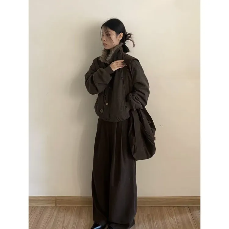 2025年上新毛呢宽松休闲时尚老钱风短款加厚款百搭纽扣棉服外套潮