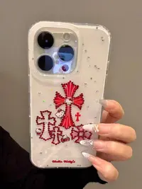 ins红色点钻十字架KT猫适用iPhone17pro苹果16手机壳15新款14防摔