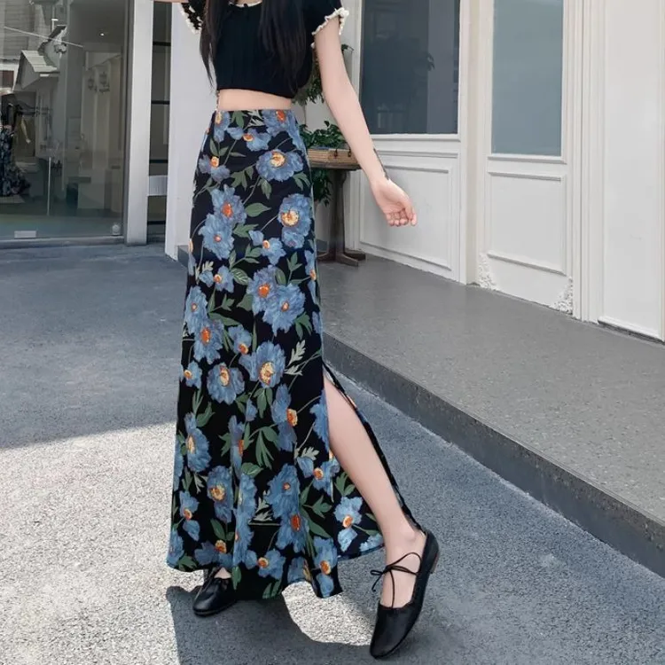 老钱风松弛感女装贵气K春夏侧开叉碎花雪纺半身裙女2025新款法式