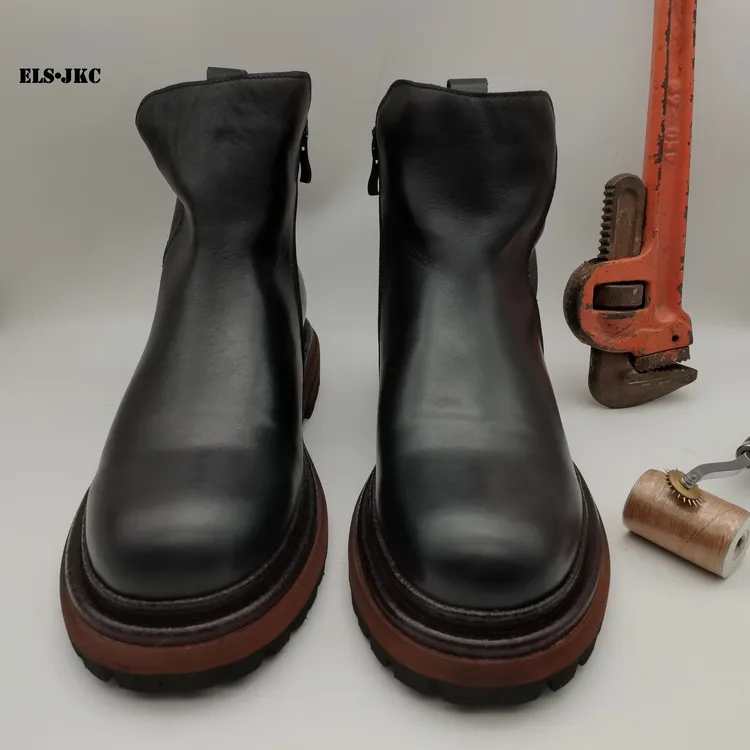 ELS•JKC品牌，俄罗斯设计师俄款马臀皮重工绒里切尔西靴男款加绒