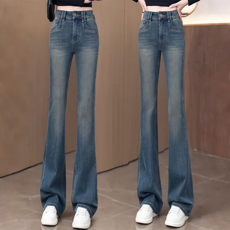 拉夏贝尔时尚流行微喇牛仔裤2025秋款高腰显瘦气质修身喇叭裤