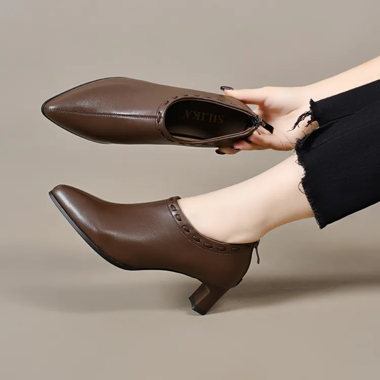 气质春秋粗跟深口单鞋女新款明星同款百搭鞋子2025尖头后拉链女鞋