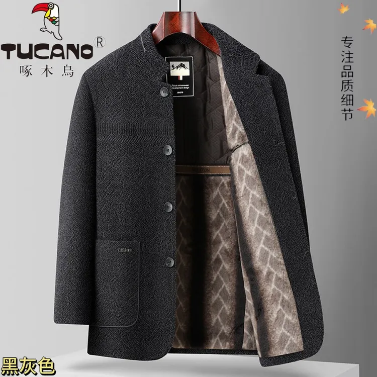 TUCANO/啄木鳥中老年男士冬季爸爸装加绒加厚雪尼尔中山装外套