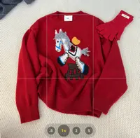 韩系新款红色卡通马图案长袖针织衫毛衣女圆领上衣女