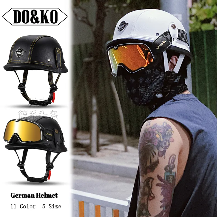 德国二战复古钢盔复古摩托车半盔皮盔夏季哈雷半覆式头盔电动机车