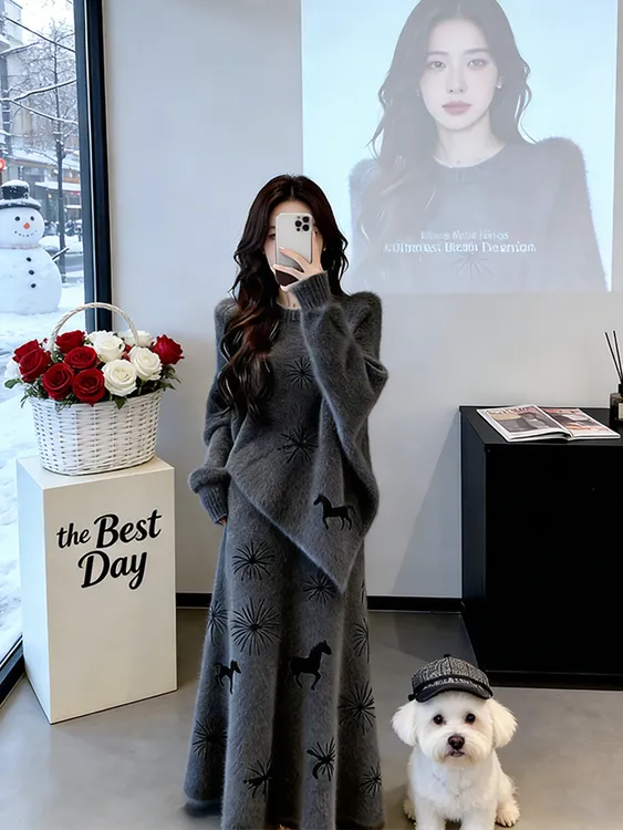 2026年冬季新款搭配一整套独特慵懒高级感软糯针织上衣半身裙套装