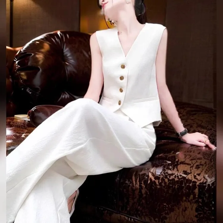 1963韩系穿搭极简通勤高级质感肌理感白色v领马夹阔腿裤两件套装