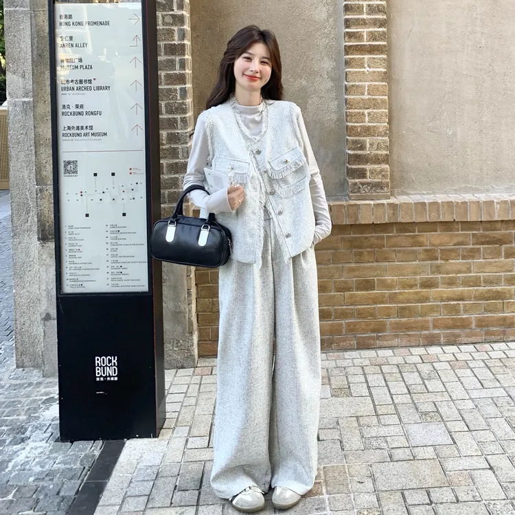 法式小香风流苏马甲套装女2025秋季温柔系气质打底衫阔腿裤三件套