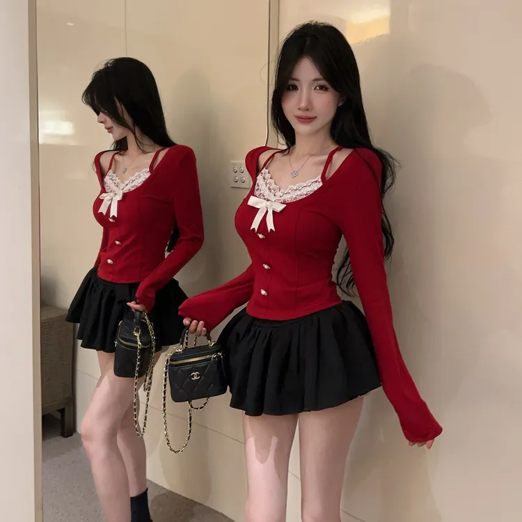 小香风假两件红色长袖t恤女秋冬一字肩圣诞节上衣蕾丝打底衫内搭