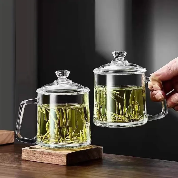 家用透明玻璃茶杯大容量喝水杯防烫耐热办公杯带盖泡茶杯喝茶杯