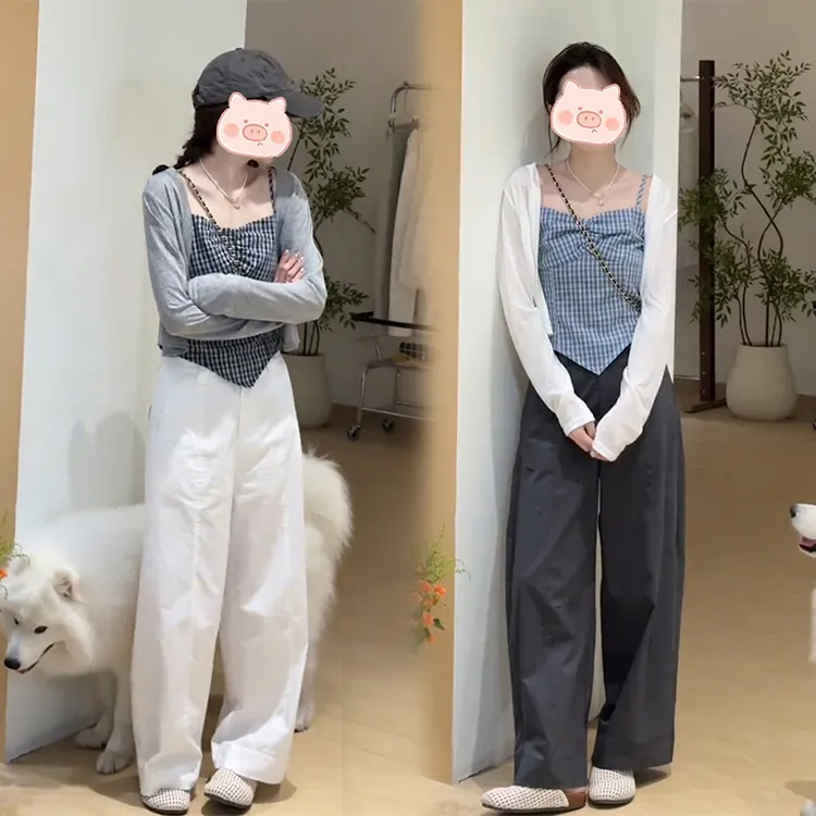 夏天穿搭一整套韩版爆款设计感小众防晒开衫格子吊带休闲裤三件套