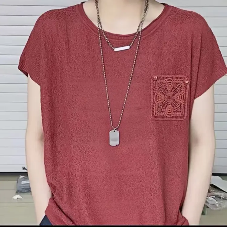 2025夏季新款女士装盘花纽扣口袋短袖纯色宽松圆领洋气妈妈装上衣