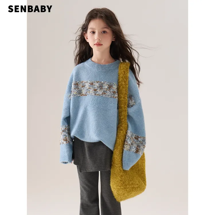 【现货】senbaby女童韩系针织毛衣25新款洋气儿童圆领套头蓝色毛衣