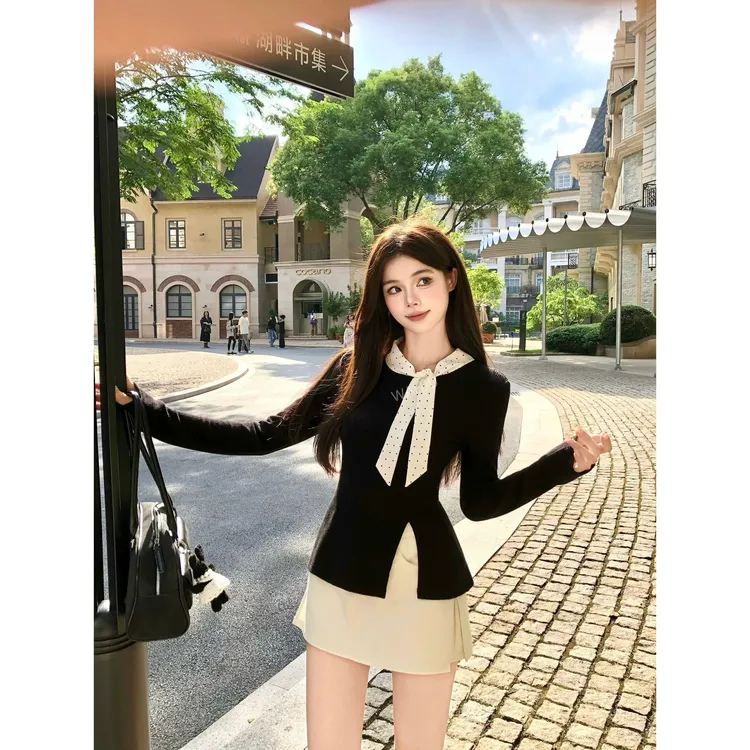 画解WAHJU【英区慢生活】早秋飘带设计波点拼接黑色上衣裙裤9797W