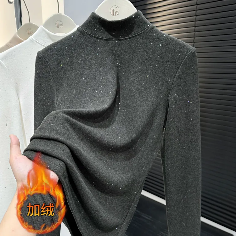 灰色澳绒保暖亮片打底上衣2025秋冬新款高级感洋气小立领修身T恤
