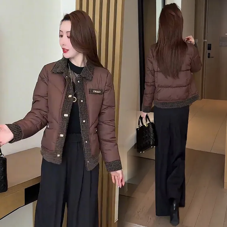 小香风加厚短款棉服女2025冬季新款时尚设计感拼接休闲保暖棉衣潮