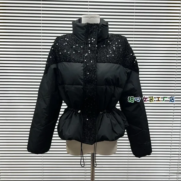 甜心家新款冬季时尚设计感重工亮片拼接时尚立领加绒短外套