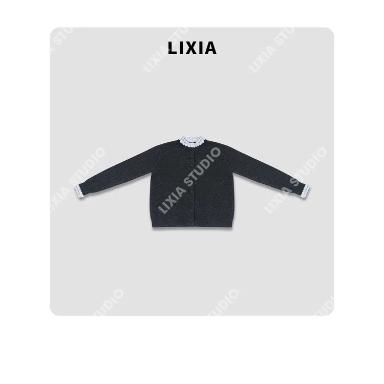 LIXIA【法式圆舞曲】法式优雅风纯羊毛糯糯感花边领针织开衫-D9560