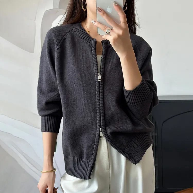 不起球可机洗100%纯棉线圆领开衫秋冬加厚针织拉链外套洋气显瘦
