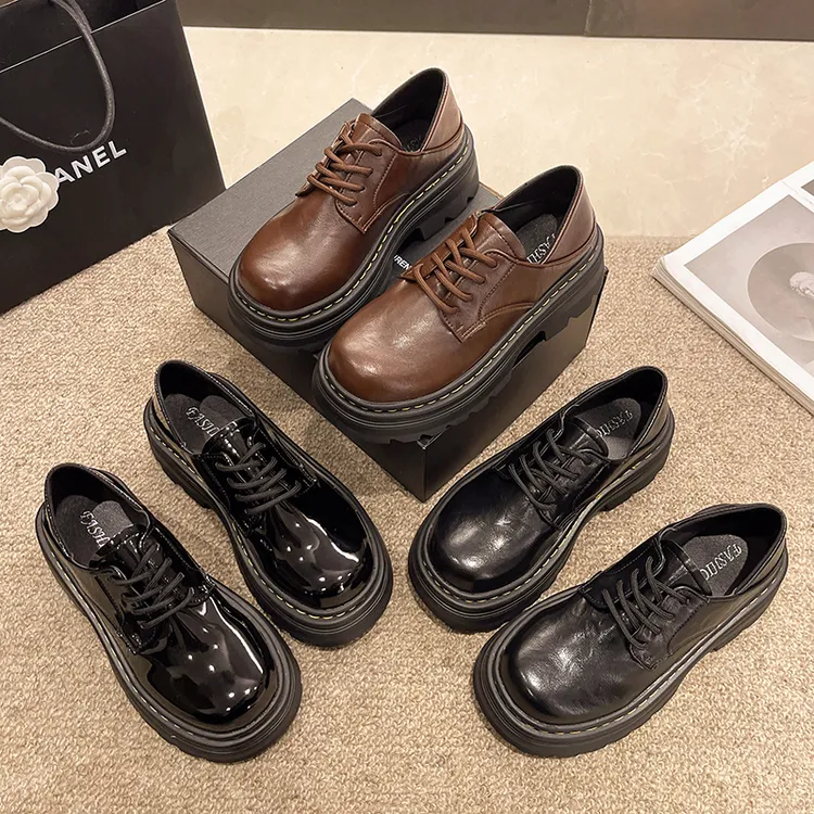 厚底小皮鞋女2025春秋新款棕色英伦复古松糕学院百搭两穿乐福鞋