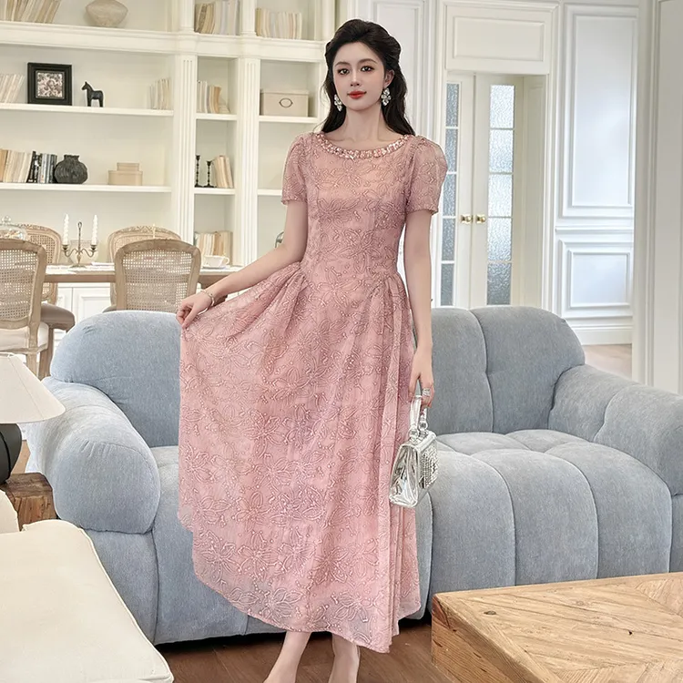 婷婷衣恋21766夏季新款时尚法式气质镶钻圆领收腰长款蕾丝连衣裙