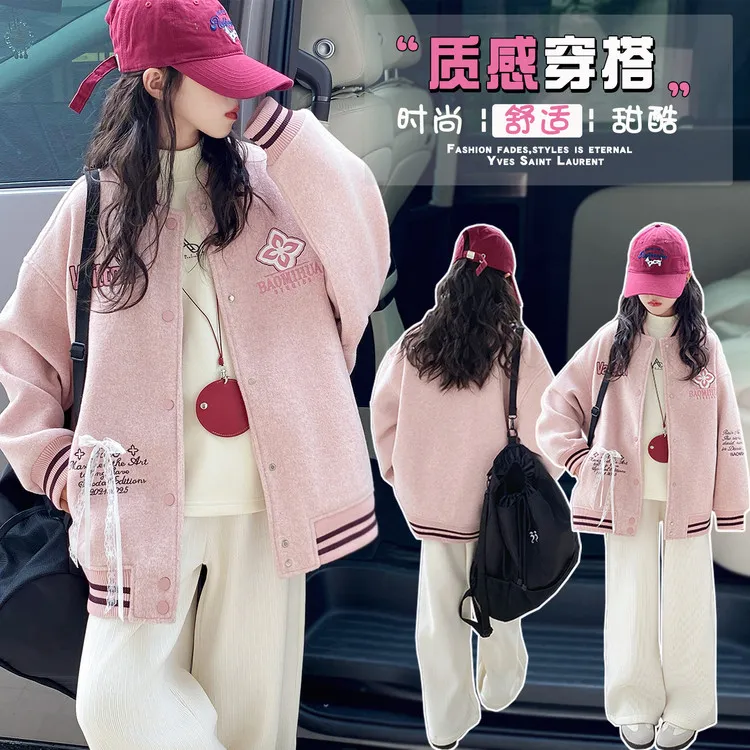 女童秋冬外套深秋初冬新款中大童夹棉加厚棒球服儿童毛呢夹克冬装