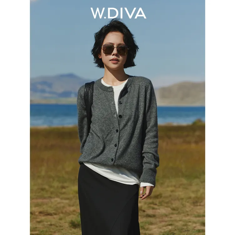 W.Diva【轻感】羊绒白厂丝桑蚕丝圆领长袖开衫慵懒风女装53Z292549