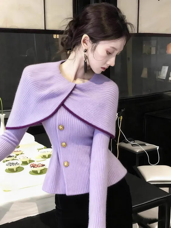 小香风紫色斗篷长袖针织衫女2025秋冬新款小众不撞款掐腰绝美毛衣