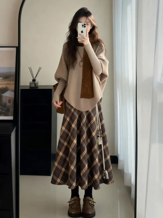 复古格纹毛衣套装女秋冬蝙蝠袖针织上衣高腰显瘦A字半身裙两件套