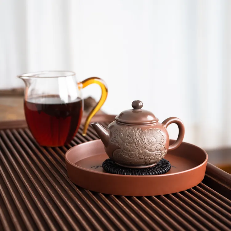 『窑变醒狮』坭兴陶茶壶水平壶喜庆浮雕吉祥如意茶具140毫升12581