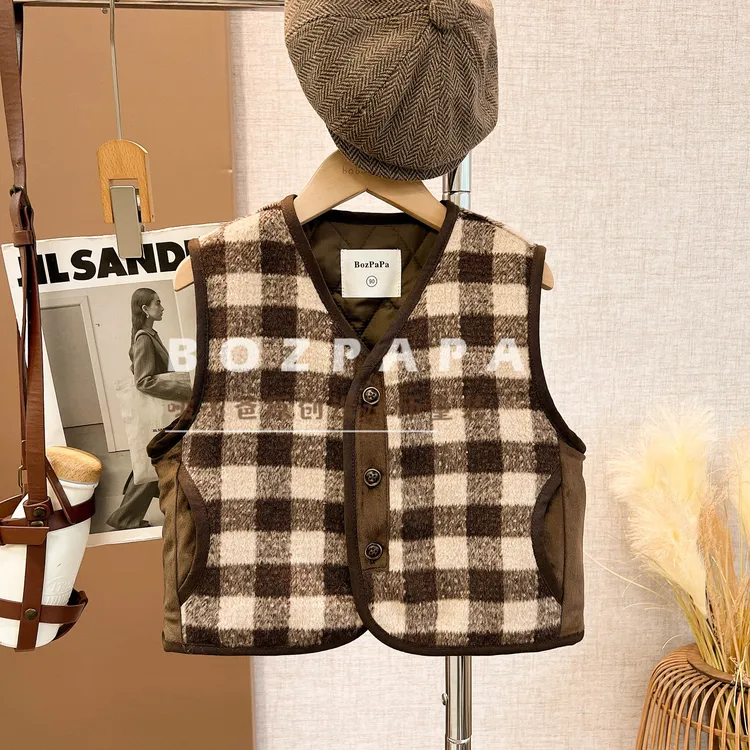 现货啵小爸【焦糖畅想】2025冬季新款男童宝宝休闲格纹夹棉马甲