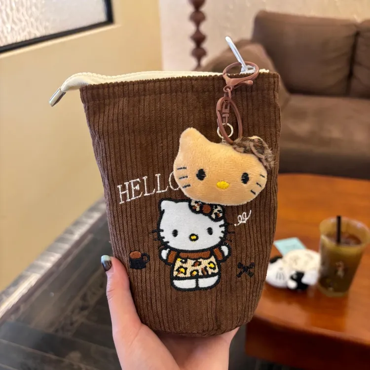 可爱灯芯绒豹纹kitty刺绣水桶折叠竖翻笔袋高颜值学生文具收纳袋