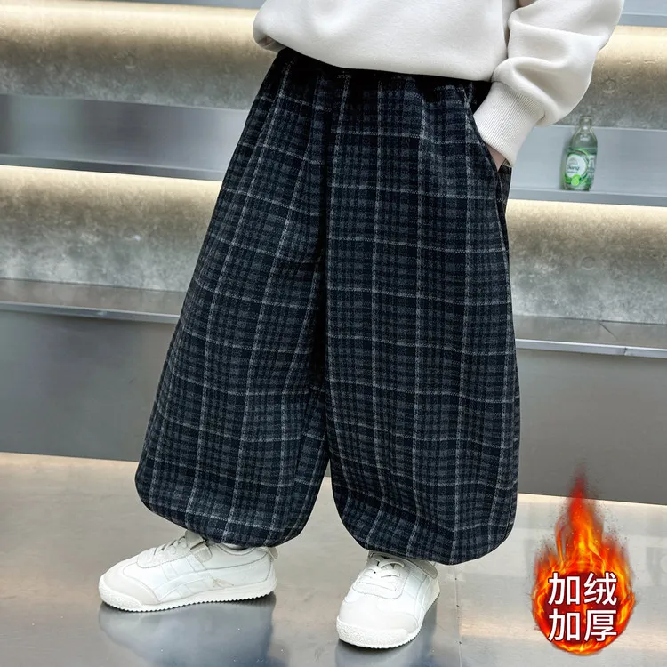 男童加绒格子裤秋冬2025新款儿童一体绒裤子男宝宝加厚休闲喇叭裤