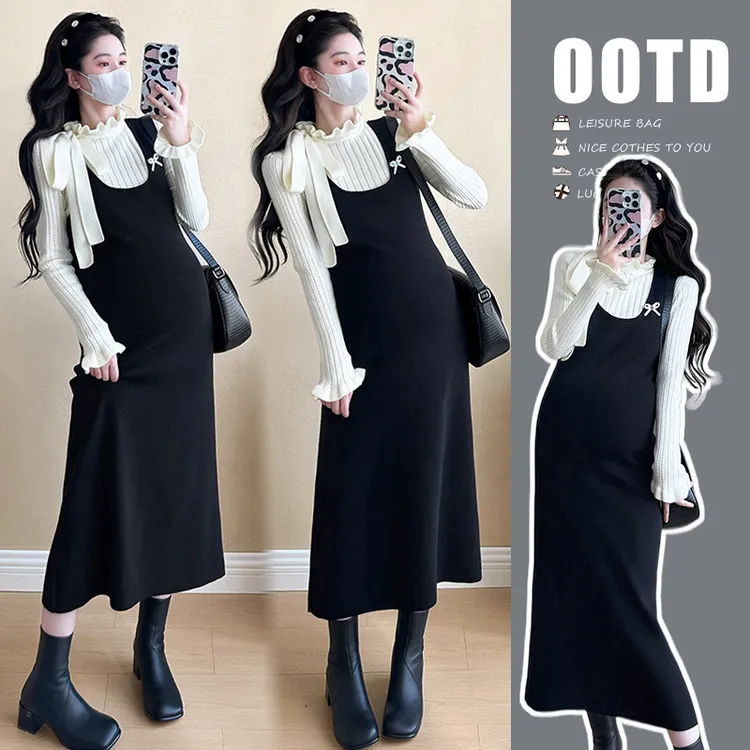 孕妇装实拍春装法式假两件显瘦长裙孕妇连衣裙秋冬新款
