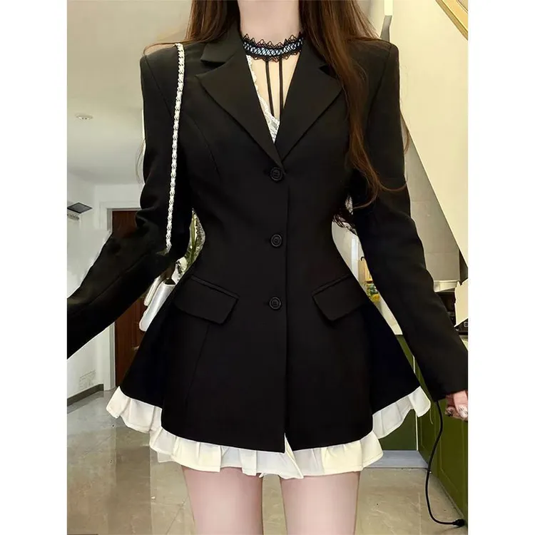 黑色西装外套连衣裙女开春新款拼接下摆名媛风收腰外套御姐感西服