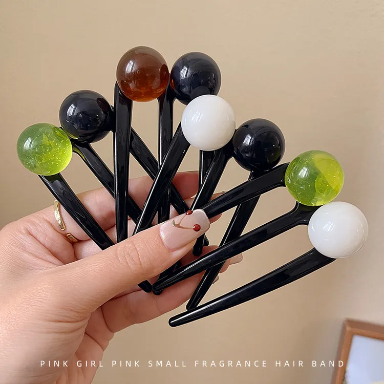 高级感三齿珠珠盘发器U型发簪女日常通勤发钗后脑勺鸡毛丸子头簪