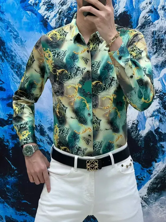 蚕丝羊毛新款秋季免烫抗皱弹力无缝男士高端大气休闲印花长袖衬衫