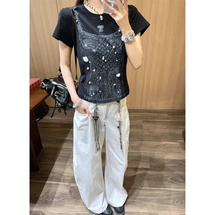 谢荞荞「璀璨珠片」夏季重工镶钻装饰个性吊带印花圆领短袖百搭T恤