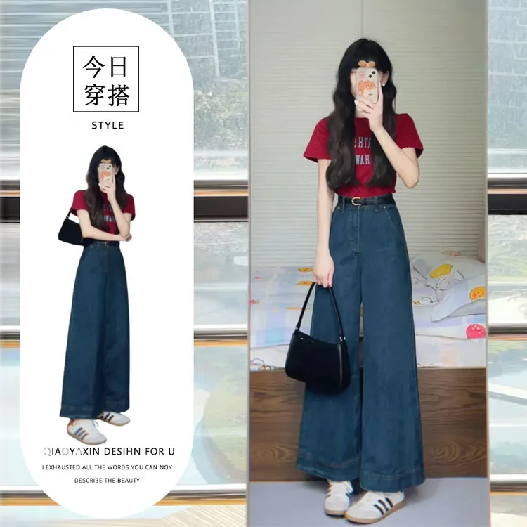 美式复古穿搭套装夏季新款小众印花红色正肩T恤高腰牛仔裤两件套