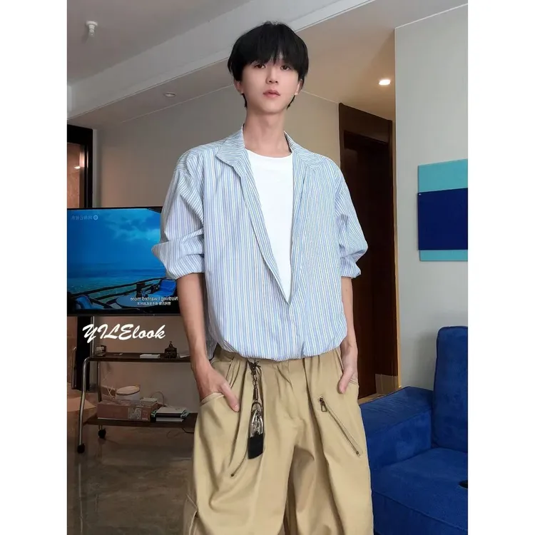 QIUYIDAODI男生蓝白条纹衬衫长袖宽松简约潮流翻领男生上衣韩版潮