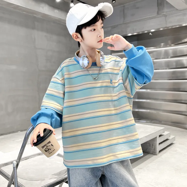 男童秋装卫衣2025新款中大童洋气条纹上衣儿童秋季假两件韩版潮装