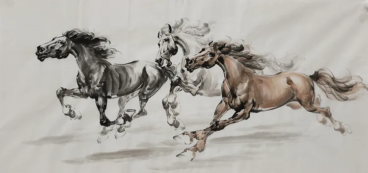 野民三骏图客厅沙发背景墙挂画马到成功大气办公室装饰国画