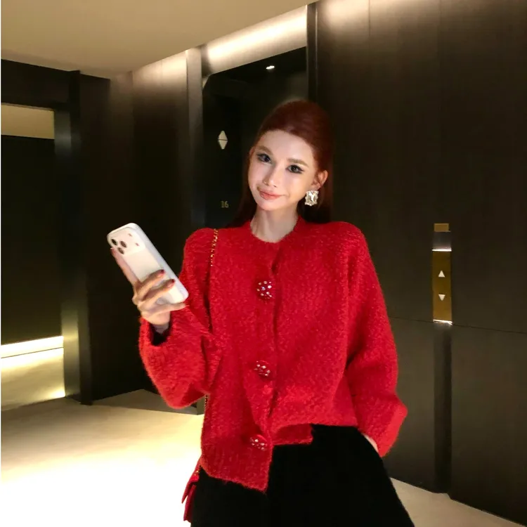 婉君【最美小姨】“羊毛混纺“定制钻扣”灯笼袖毛衣LWJ25D4M4544