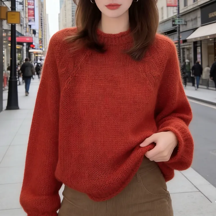 洋气新年氛围感慵懒圆领红色毛衣冬季新款百搭气质套头长袖针织衫