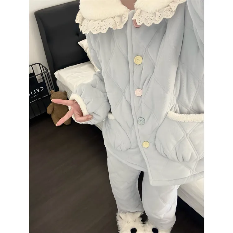 法式洋气蕾丝花边娃娃领夹棉睡衣女秋冬季加厚棉服保暖家居服套装