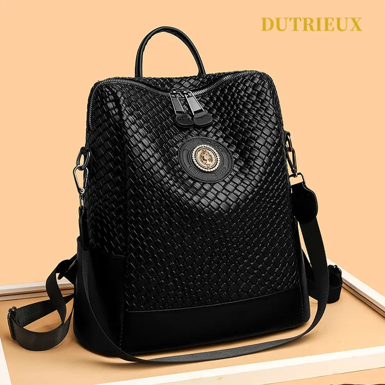 流行编织纹双肩包高级感烫钻金属花多用背包大容量女学生书包