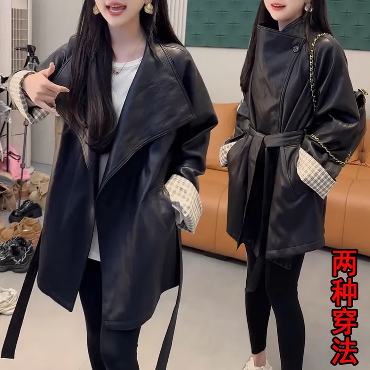 秋季高端大气中长款皮衣外套风衣女小个子微胖mm宽松遮肉显瘦上衣